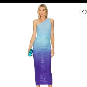 One-Shoulder Ombre Midi Dress in Blue and Purple
